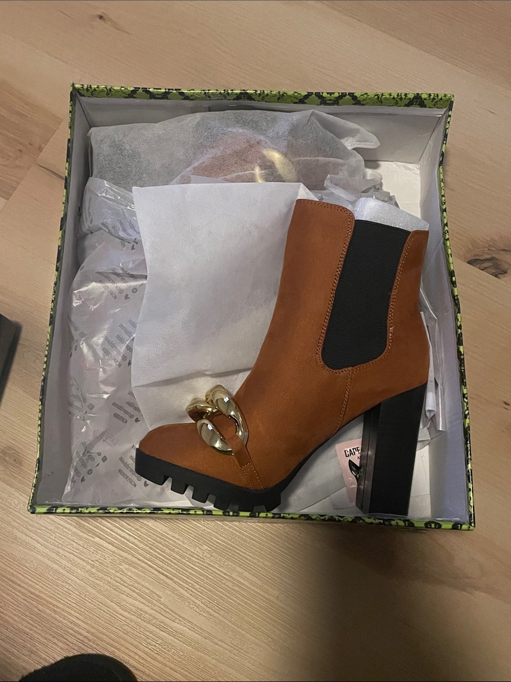 Cape Robbin Tan Chelsea Block Heel Ankle Boots with Gold Chain